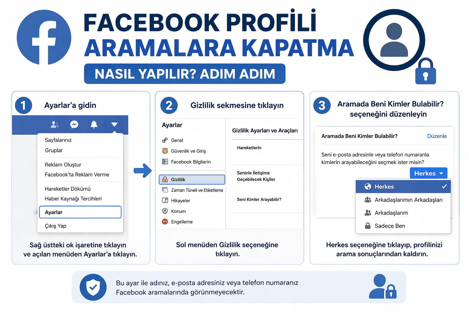 facebook profili aramalara kapatma ayarında gizlilik bölümünde aramada beni kimler bulabilir seçeneği