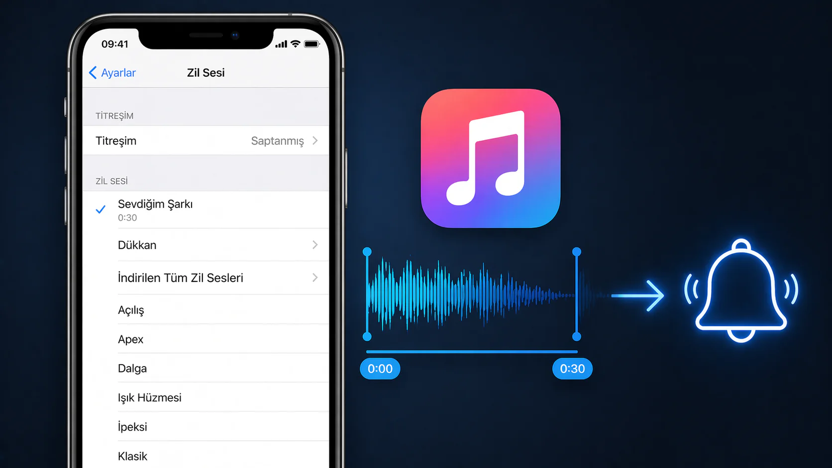 iPhone’da müzikleri zil sesi yapma için zil tonu ayar ekranı