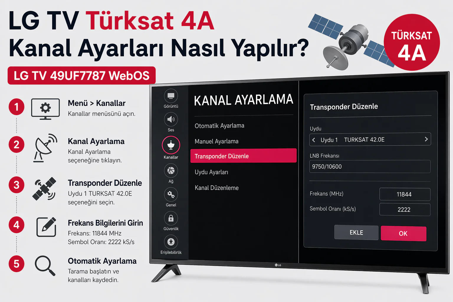 lg tv türksat 4a kanal ayarları ekranında uydu ve frekans giriş menüsü görünümü
