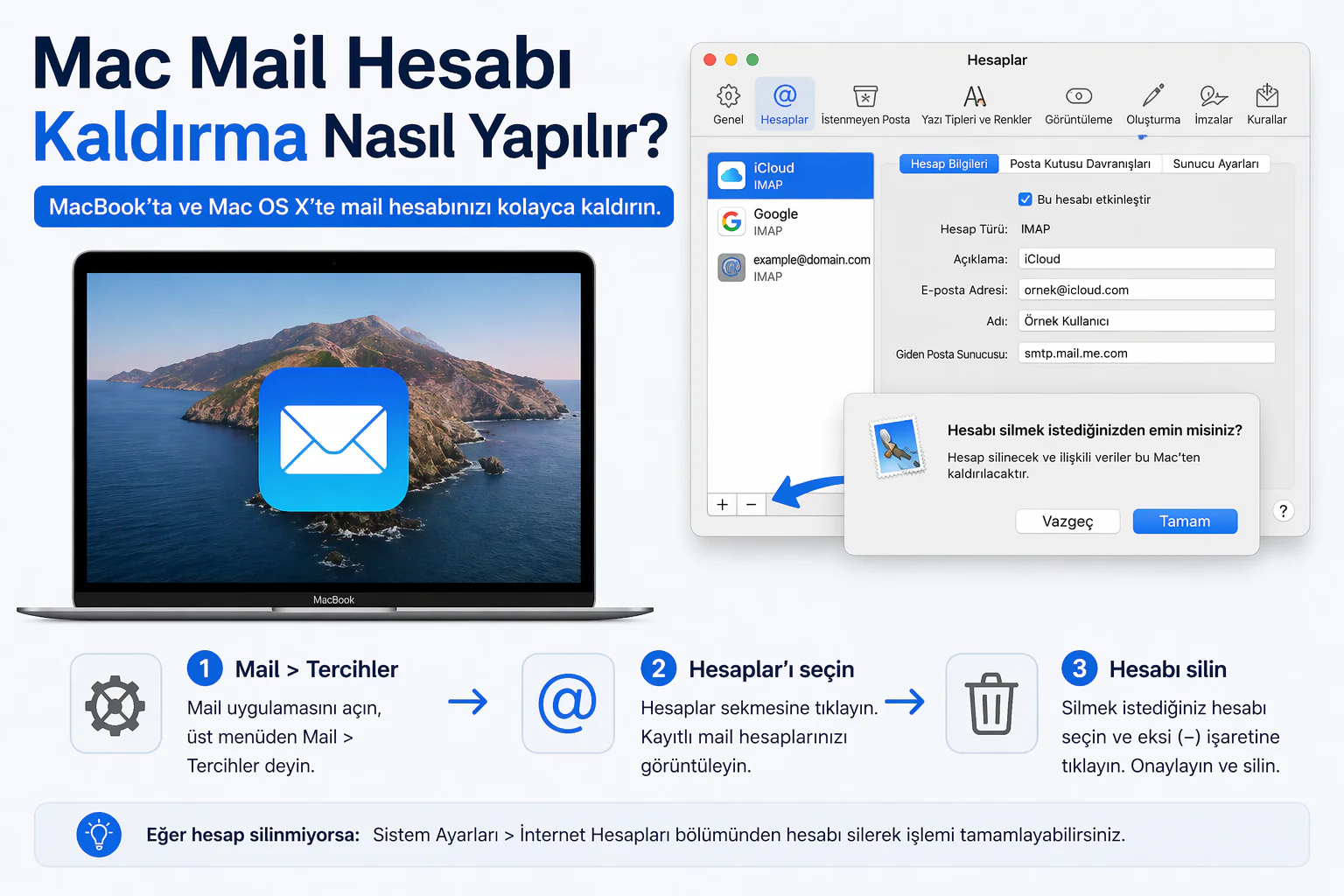 mac mail hesabi kaldirma işlemi için tercihler hesaplar bölümünde silme ekranı