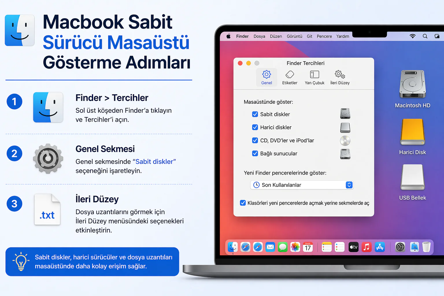macbook sabit sürücü masaüstü ayarında finder tercihler genel sekmesi görünümü