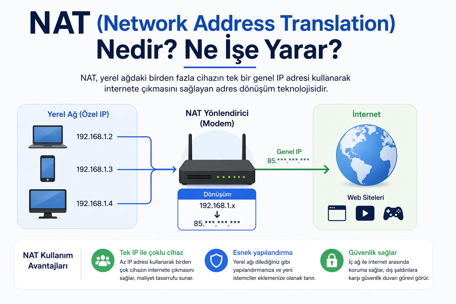nat network address translation şemasında modem üzerinden ip adresi dönüşüm süreci gösterimi