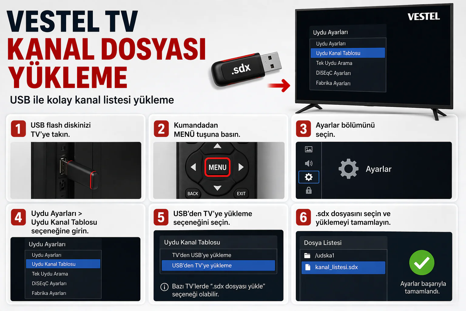 vestel tv kanal dosyası yükleme adımlarını gösteren USB ve ayarlar menüsü ekranı