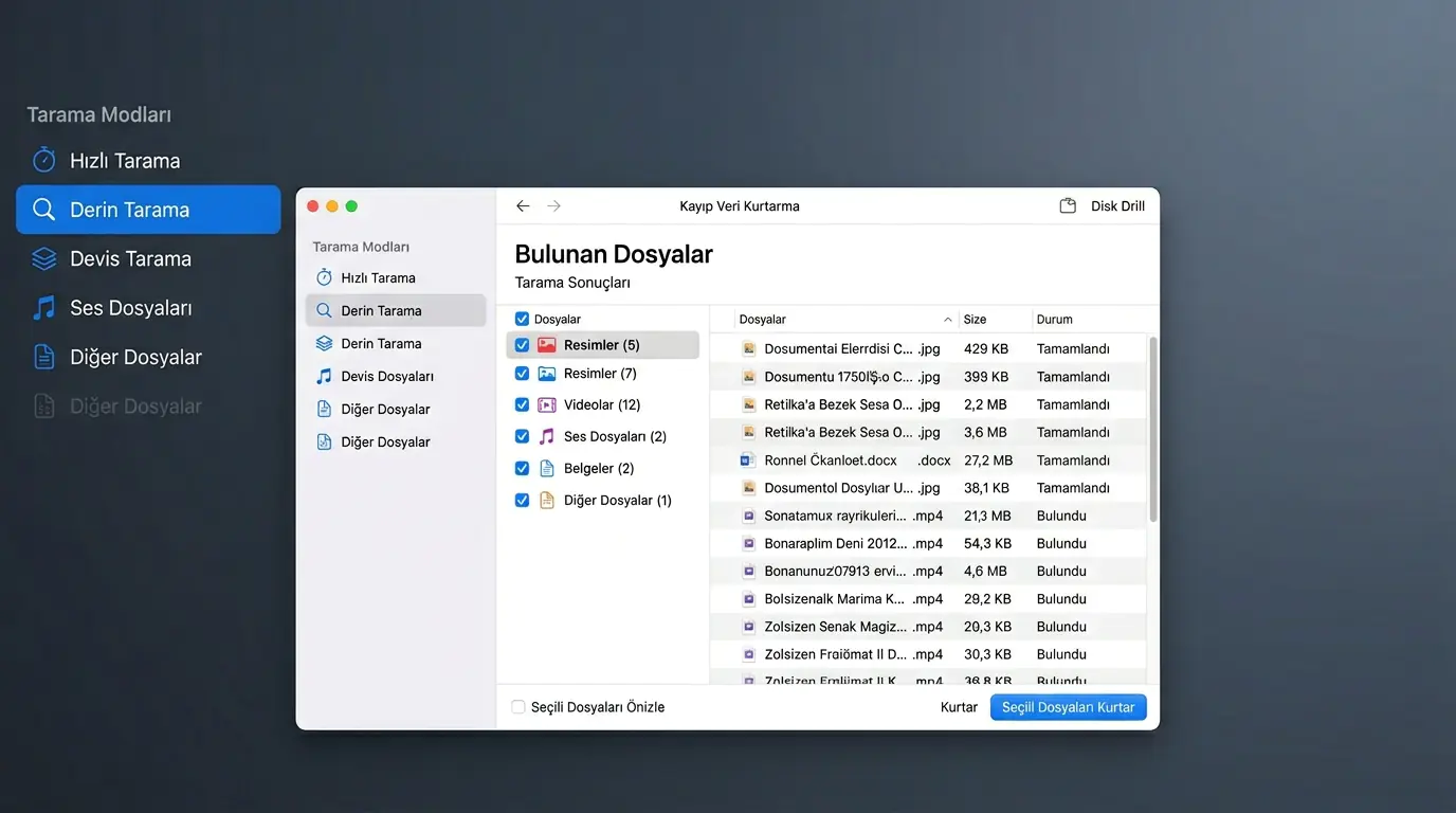 Kayıp verileri kurtarmak için Disk Drill arayüzünde derin tarama ve dosya listeleme ekranının gösterildiği görüntü
