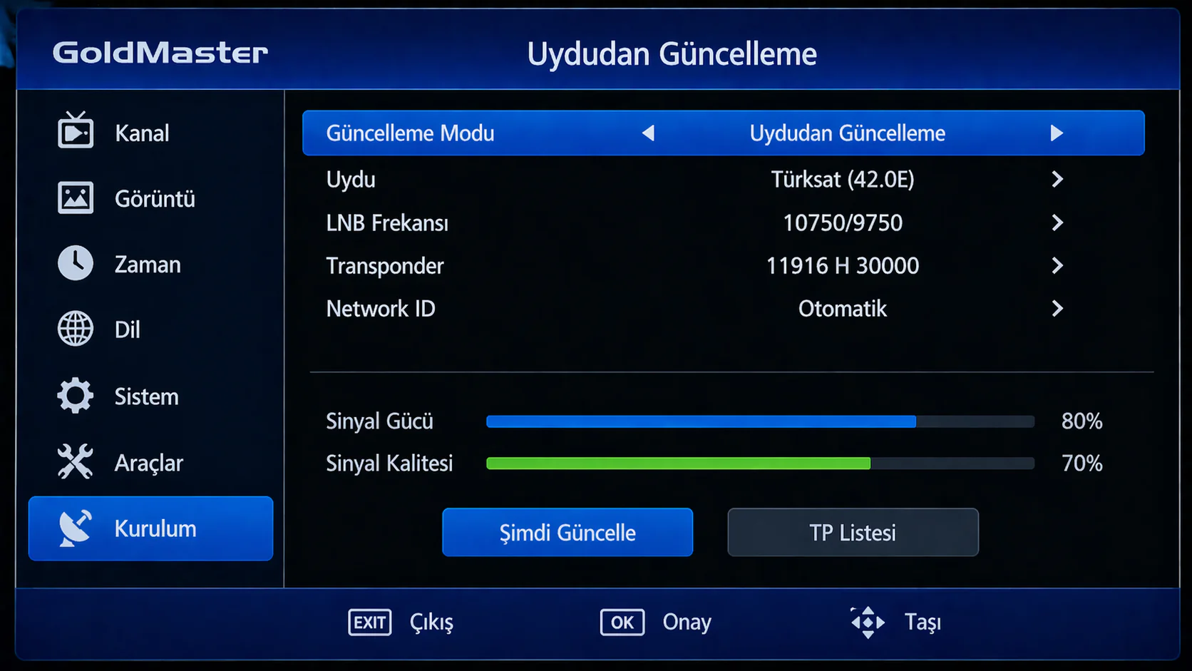 GoldMaster SD kanal güncelleme için uydu alıcısı menüsündeki Uydudan Güncelleme ekranının görüntüsü