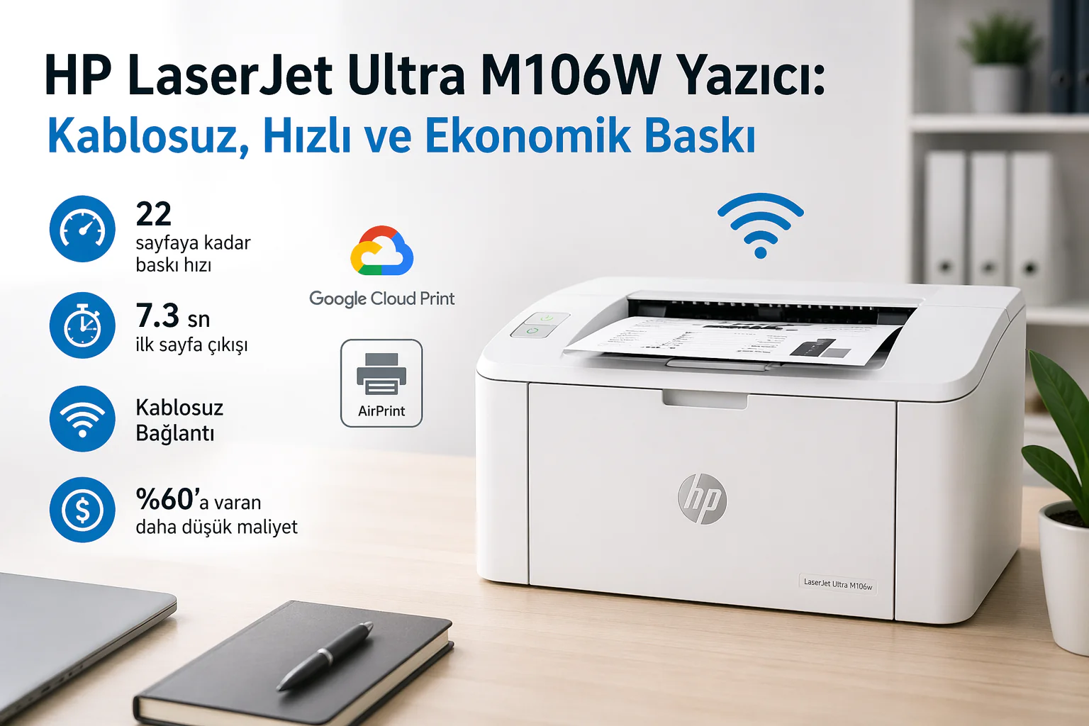 hp laserjet ultra m106w yazıcı kompakt kablosuz lazer yazıcı modern masaüstünde baskı alırken