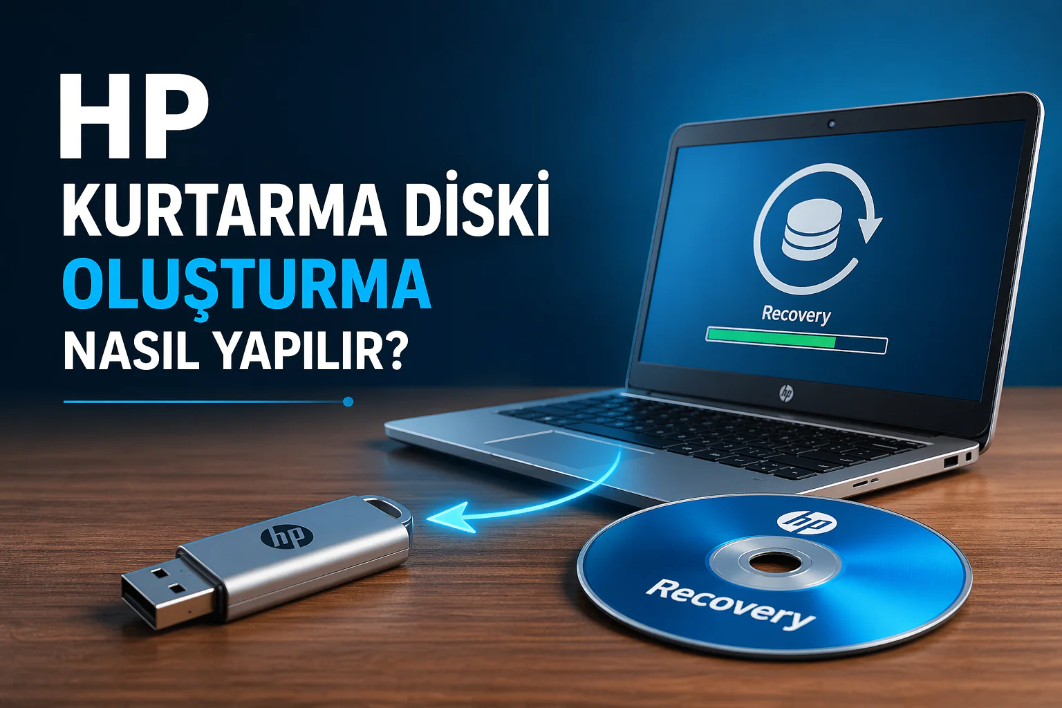 hp kurtarma diski oluşturma adımlarını gösteren ekran ve USB yedekleme süreci