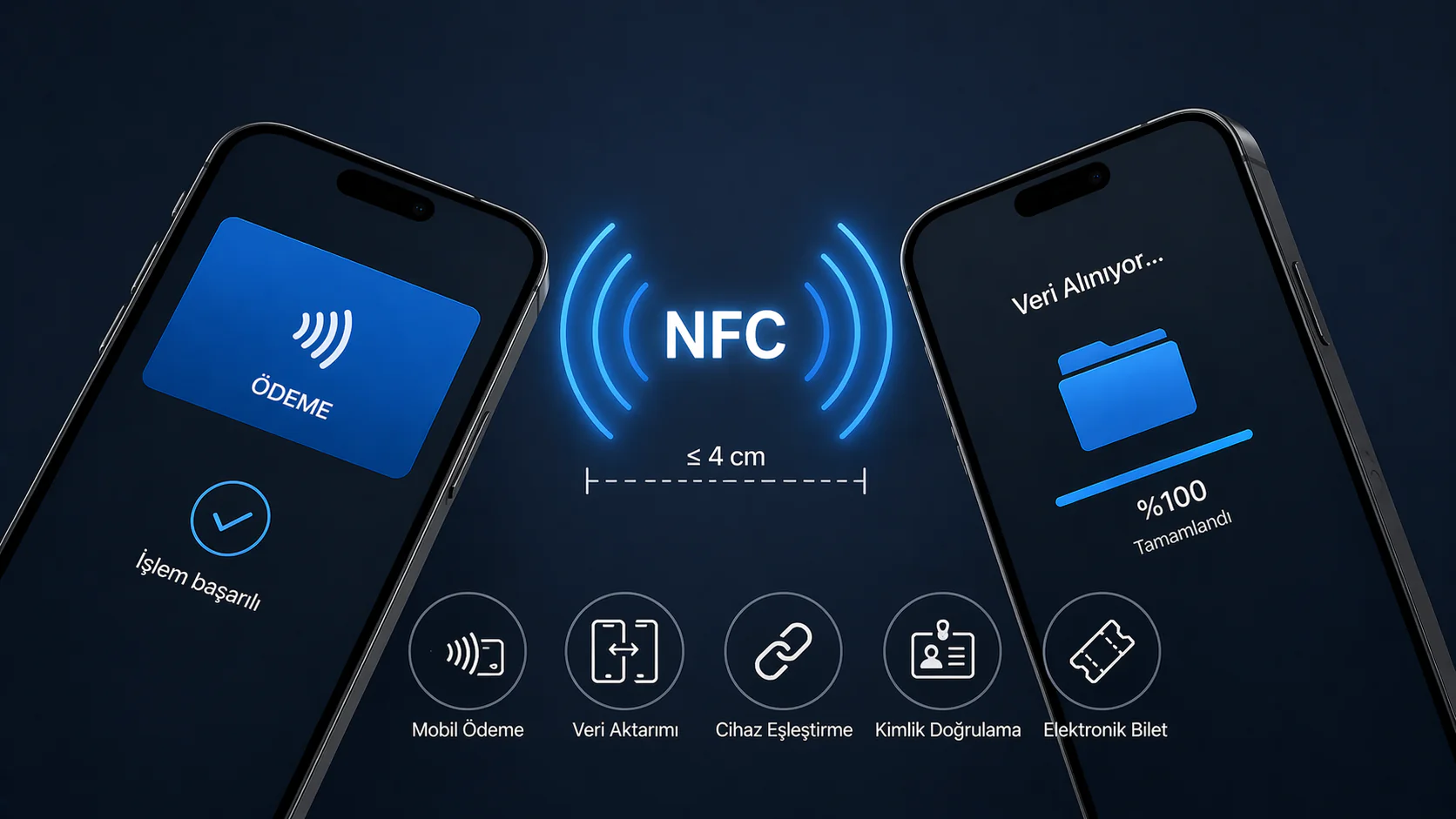 NFC nedir sorusunu anlatan telefonlar arası yakın alan iletişim görseli