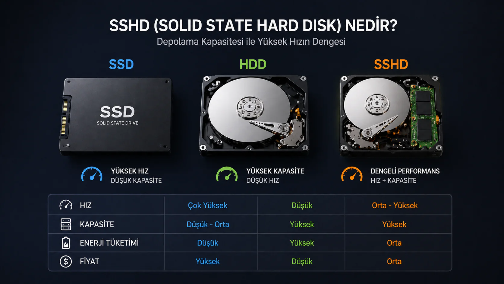 SSD, HDD ve SSHD disk teknolojilerinin karşılaştırıldığı görsel