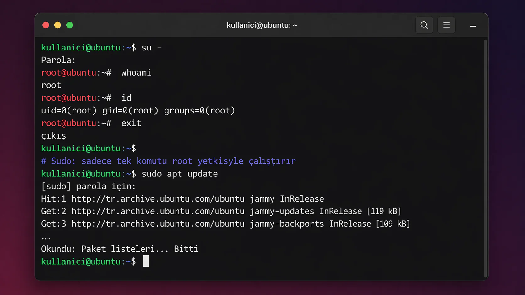 Sudo ve su farkını gösteren Linux terminal ekranında iki komutun çalıştırılma görüntüsü