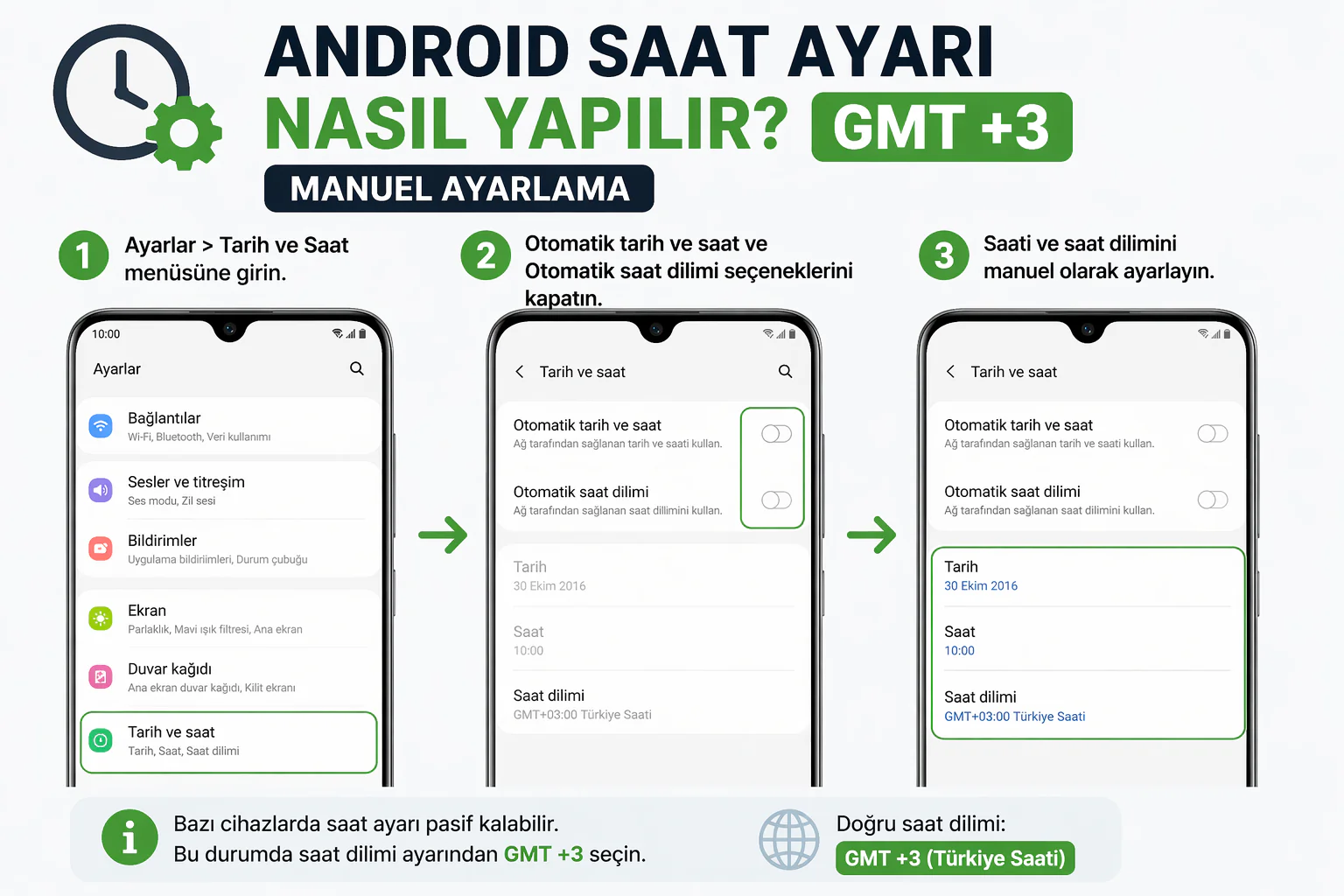 android saat ayarı ekranında otomatik saat kapatılarak GMT +3 seçimi yapılması