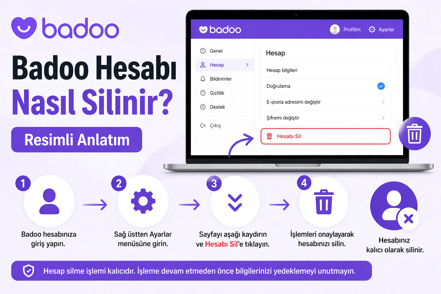 badoo hesabı silme işlemini gösteren ayarlar menüsü ve hesap sil butonu ekranı