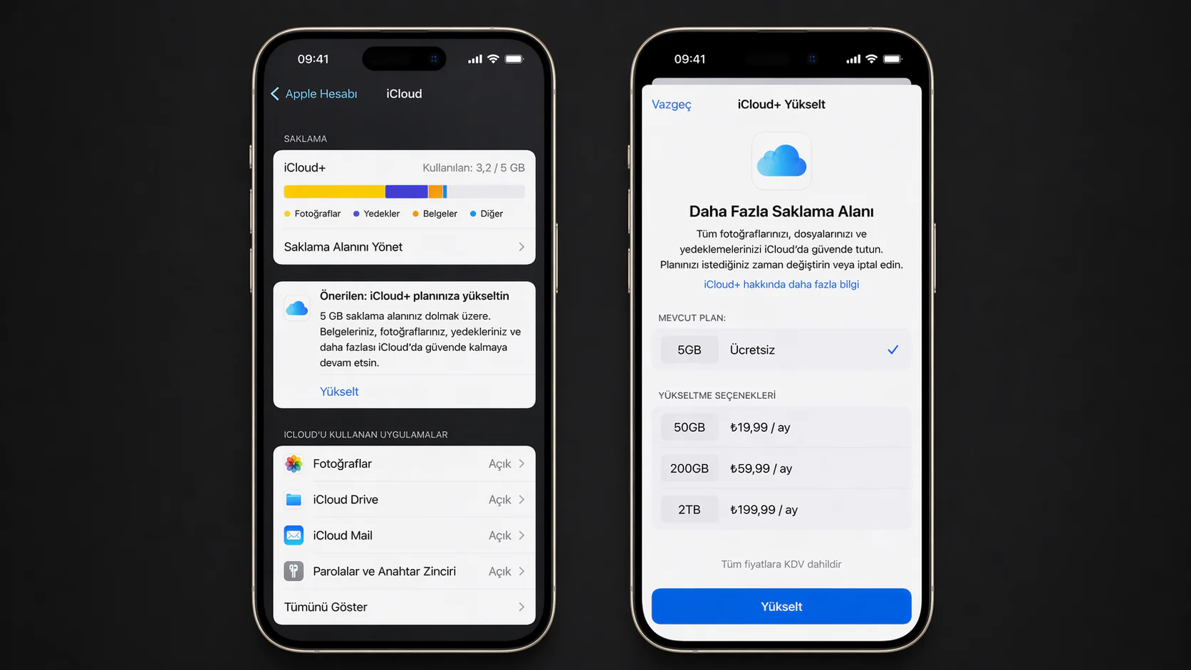 iCloud saklama alanı artırma ayar ekranı ve depolama planı satın alma