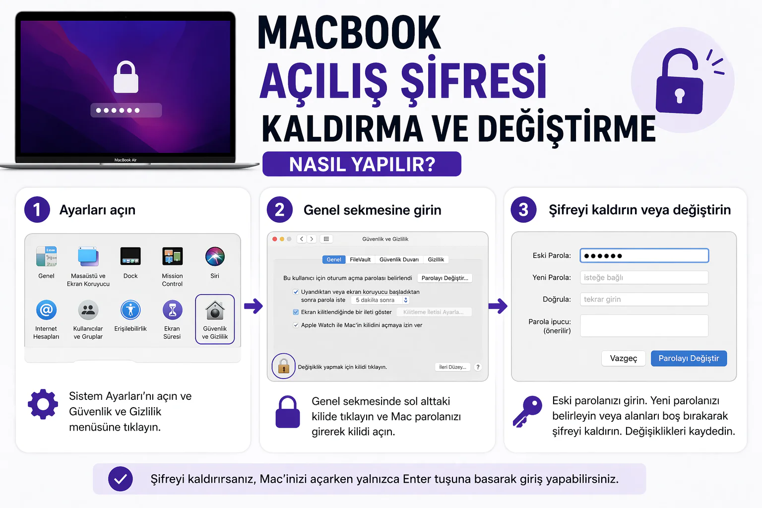 macbook açılış şifresi kaldırma işlemi güvenlik ve gizlilik ayarları ekranında