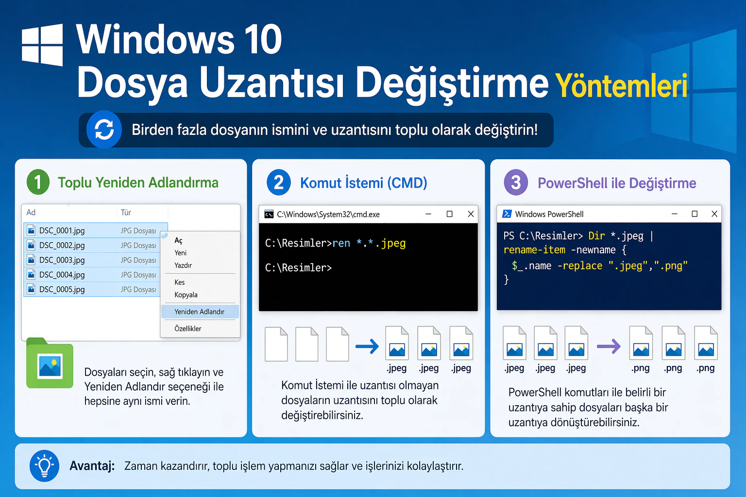 windows 10 dosya uzantısı değiştirme için toplu yeniden adlandırma ve komut ekranı görünümü