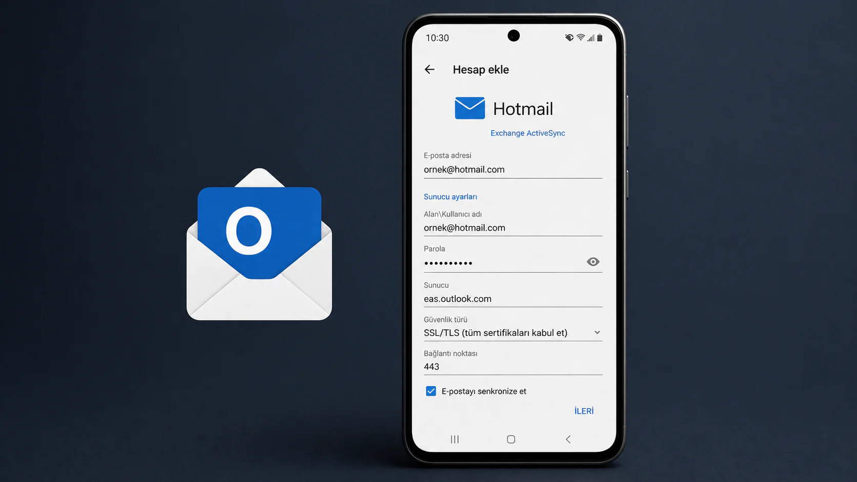 Android telefonda Hotmail hesabının Exchange ActiveSync ile e-posta uygulamasına eklenmesi