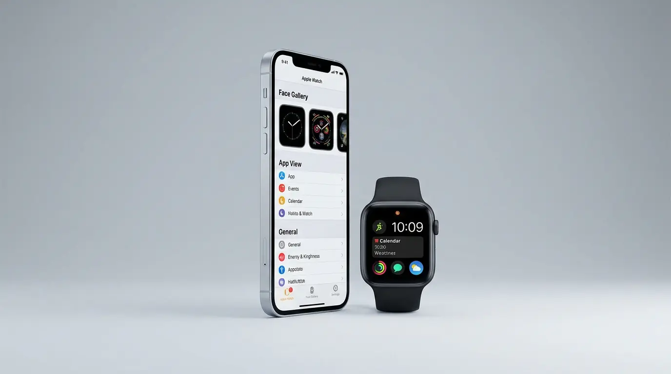 Apple Watch ayarları özelleştirme ekranını gösteren iPhone uygulaması ve kadran galerisi görünümü