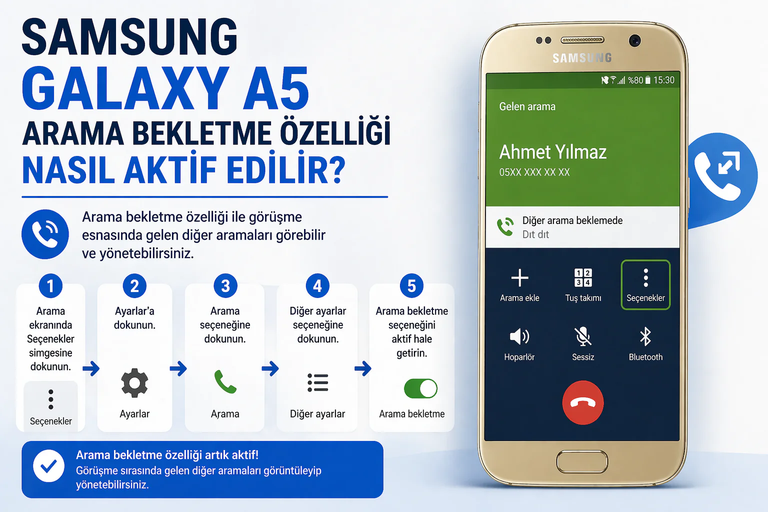 samsung galaxy a5 arama bekletme ayarlarını gösteren telefon arama ve diğer ayarlar ekranı