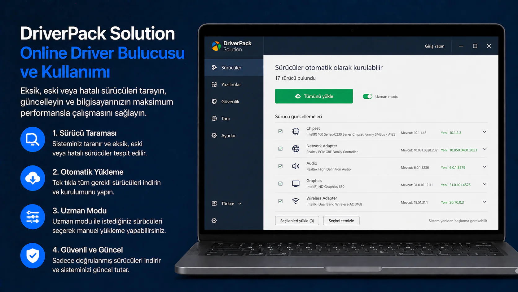 DriverPack Solution online driver bulucusu program ekranı ve sürücü taraması