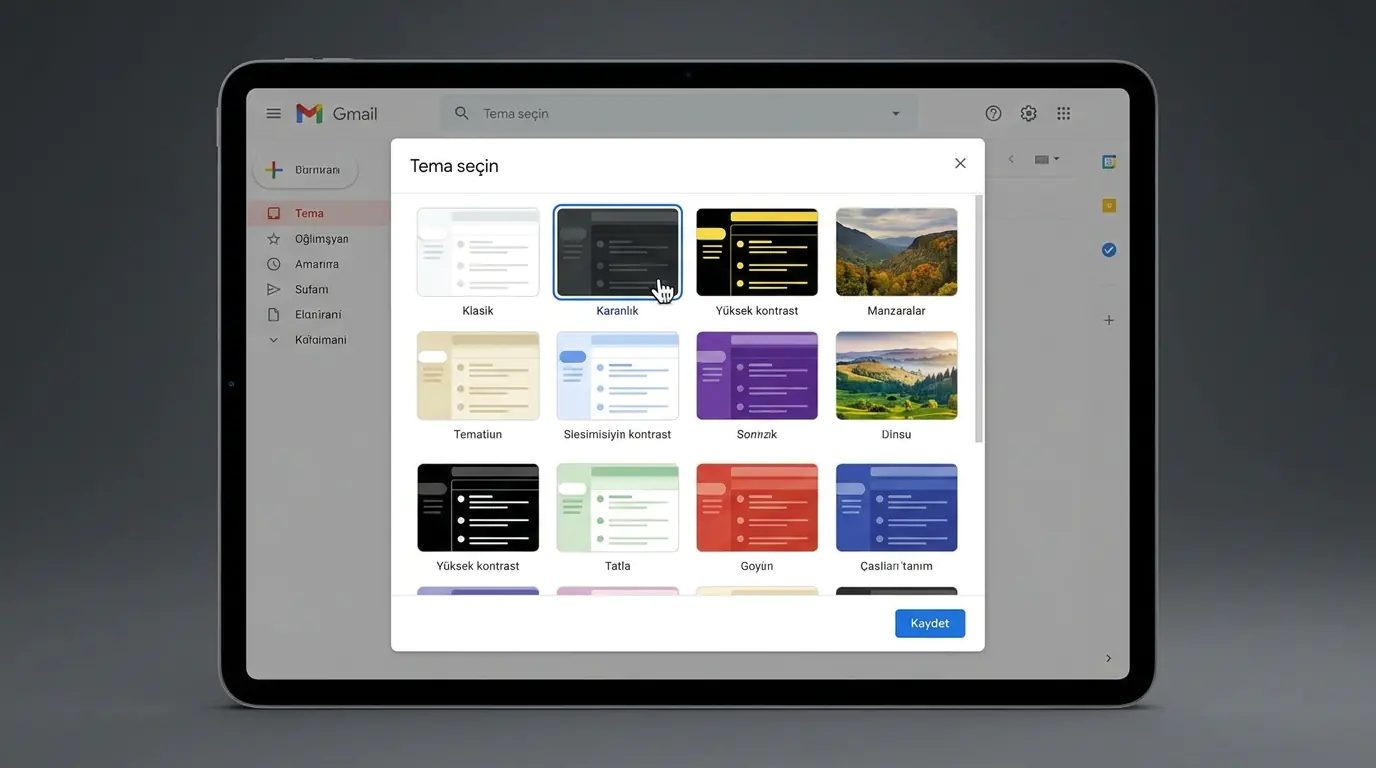 Gmail tema değişikliği ekranında açık tema galerisi ve seçim arayüzünün gösterildiği ekran görüntüsü