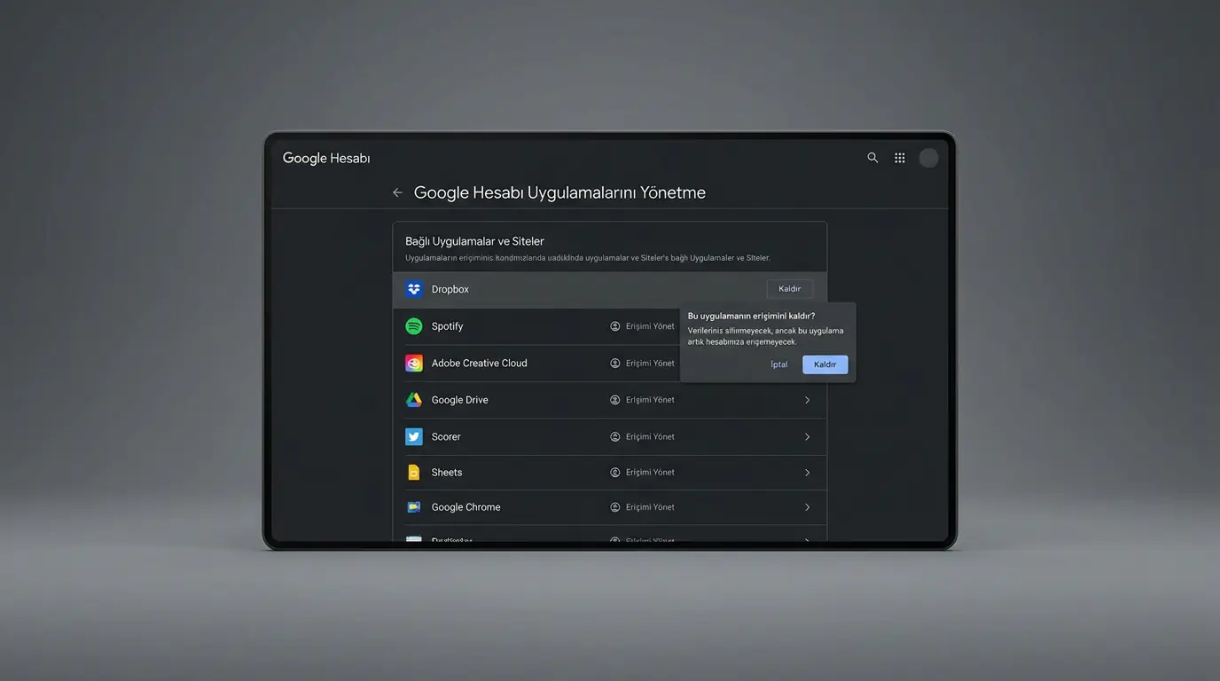 Google hesabı uygulamaları yönetme ekranında bağlı uygulama ve sitelerin listelendiği arayüz görüntüsü