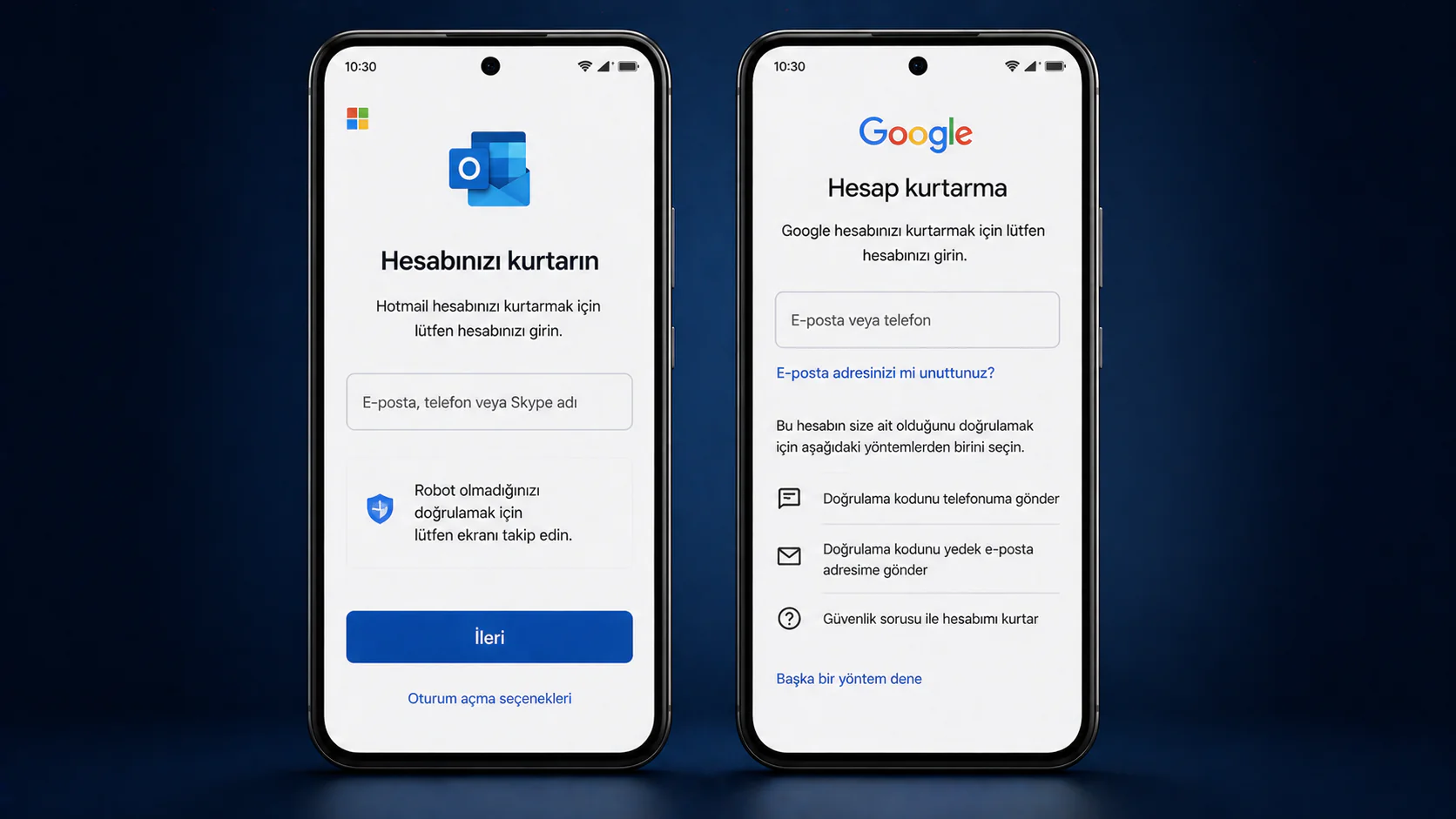 Hotmail ve Gmail hesap kurtarma adımları ile şifre sıfırlama ekranı