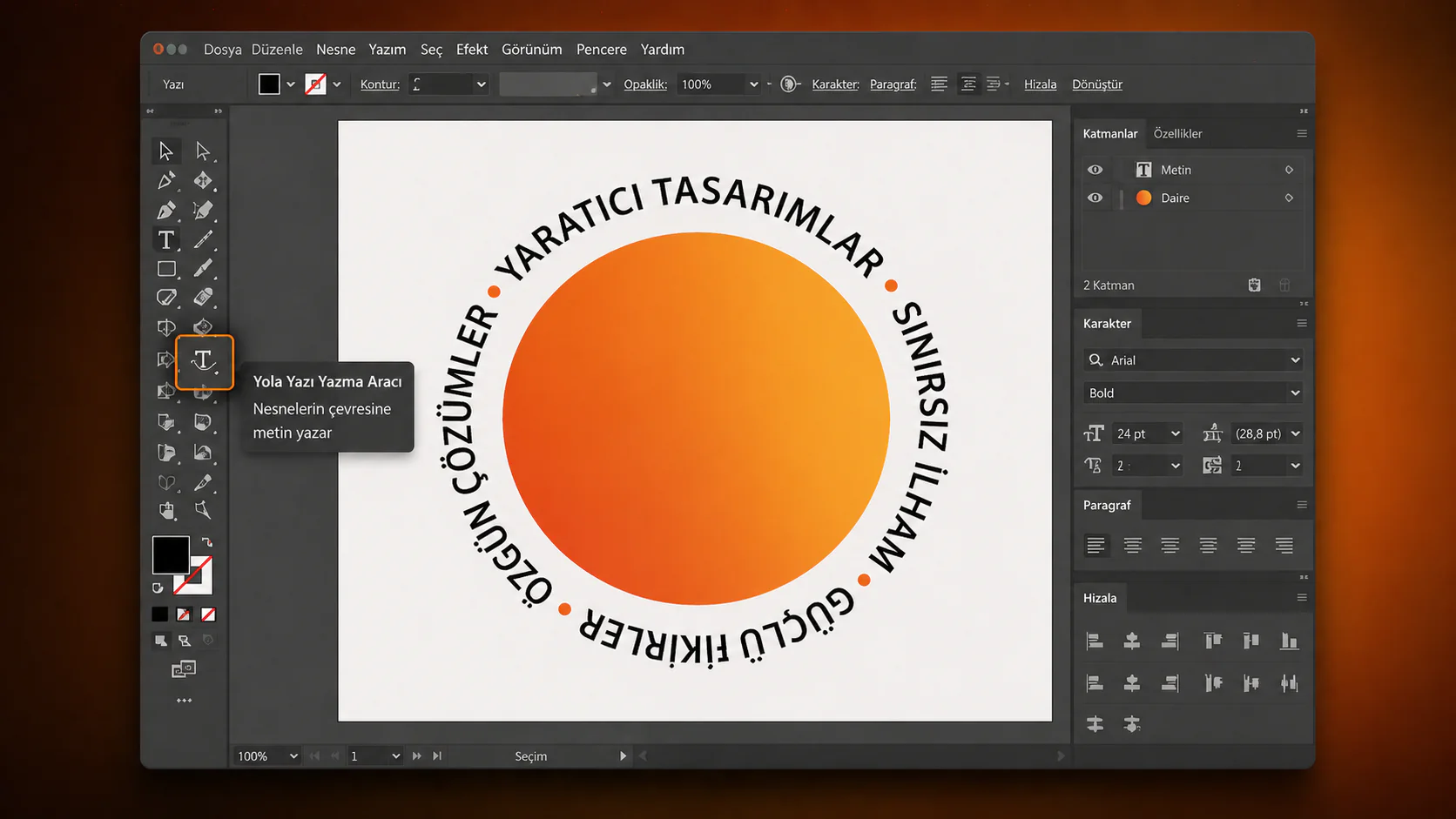 Illustrator CC nesnenin çevresine yazı yazma aracı ile daire üzerine metin