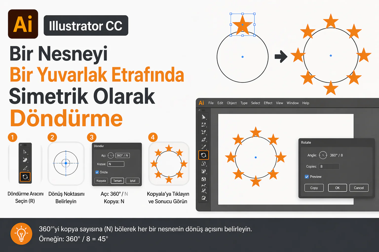 Illustrator CC nesneyi yuvarlak etrafında simetrik döndürme işlemi için örnek tasarım ekranı
