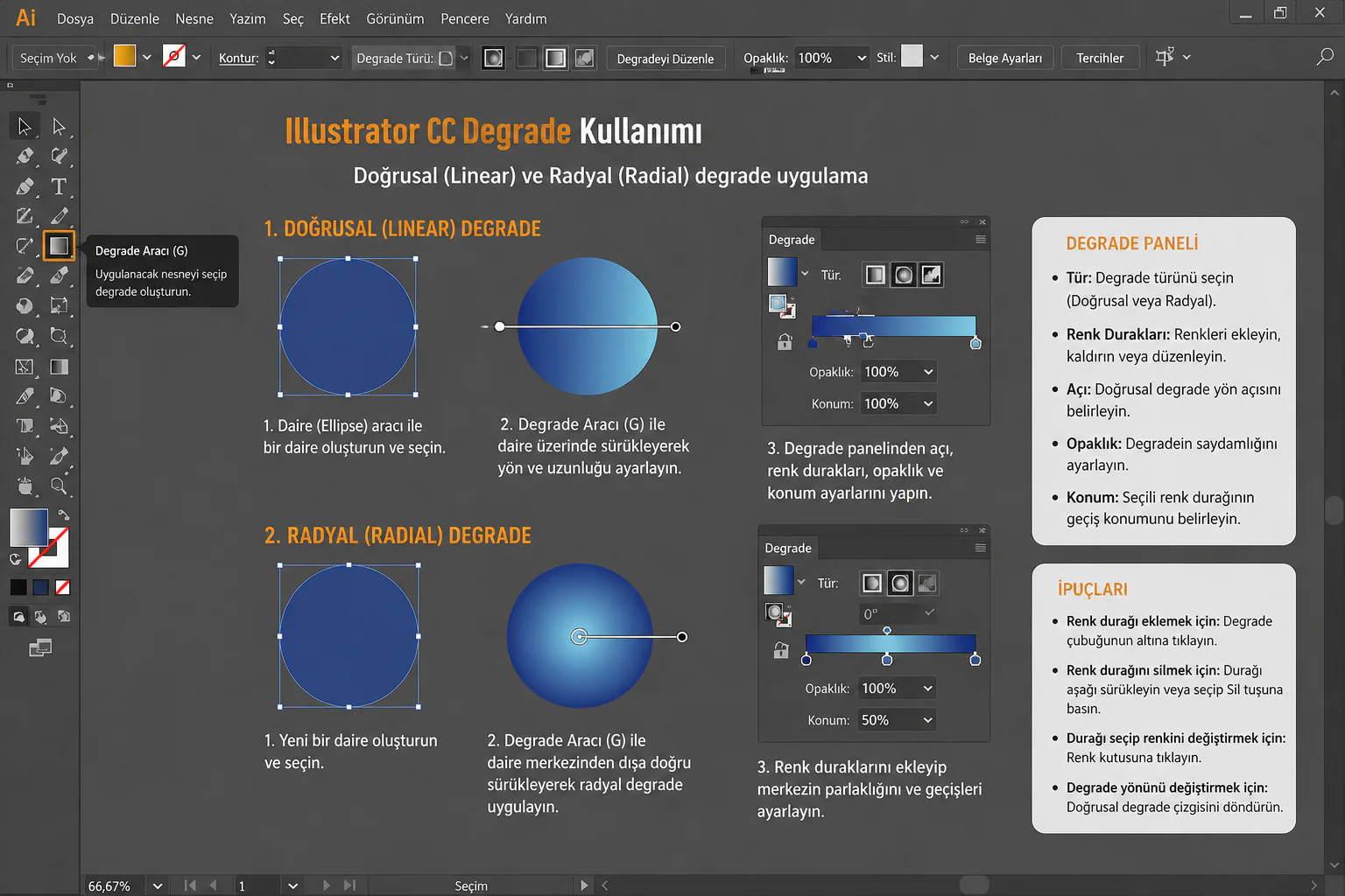 Adobe Illustrator CC’de daire nesnesine doğrusal ve radyal degrade uygulama işlemi