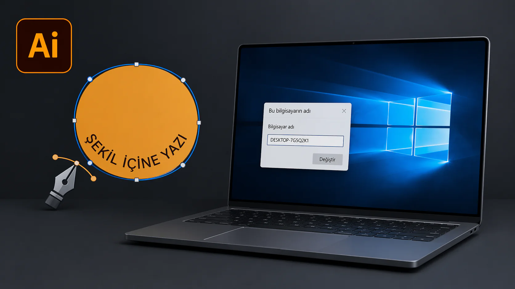 windows 10 bilgisayar ismi değiştirme ile birlikte Illustrator’da şekil içine yazı yerleştirme örneği