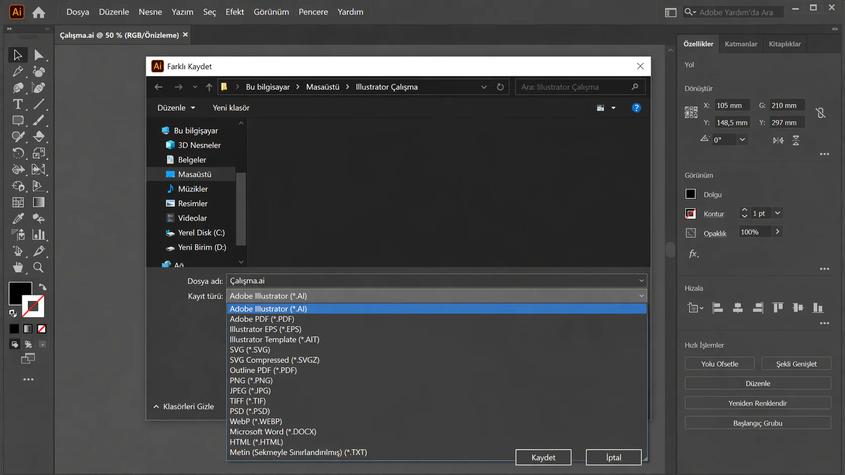 Illustrator dosya kaydetme menüsünde format seçeneklerinin listelendiği ekran görüntüsü
