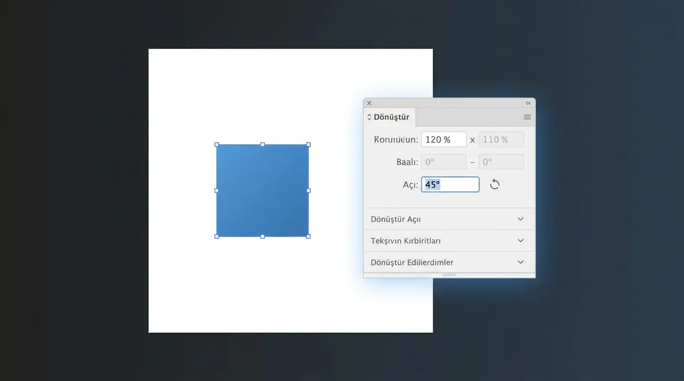 Illustrator nesne döndürme işleminin Dönüştür menüsü ve açı girişiyle gerçekleştirildiği ekran görüntüsü