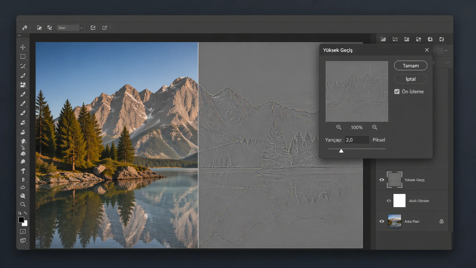 Photoshop fotoğraf keskinleştirme işlemi için Yüksek Geçiş filtresi uygulanan ekran görüntüsü