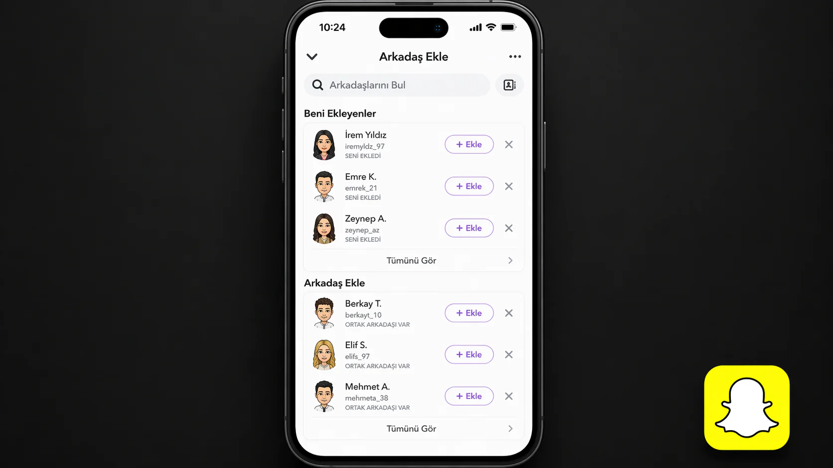 Snapchat arkadaş ekleme ekranında arkadaş listesi ve beni ekleyenler seçeneğinin uygulama görüntüsü
