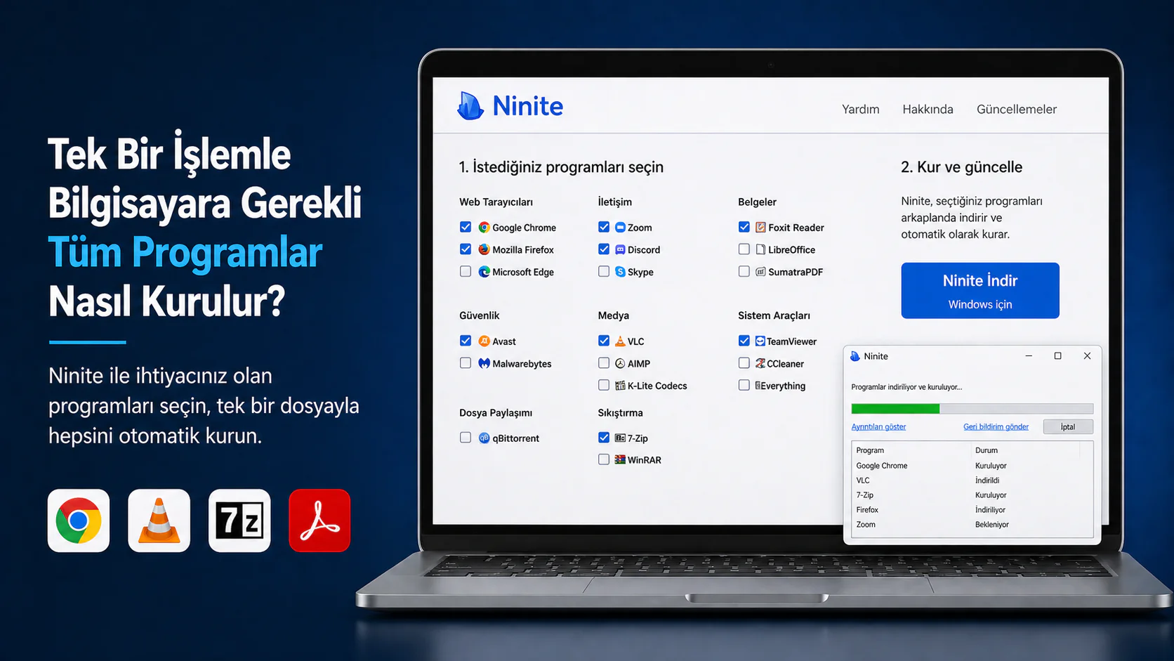 Ninite web sitesi üzerinden birden fazla programı tek seferde seçip yükleme işlemi