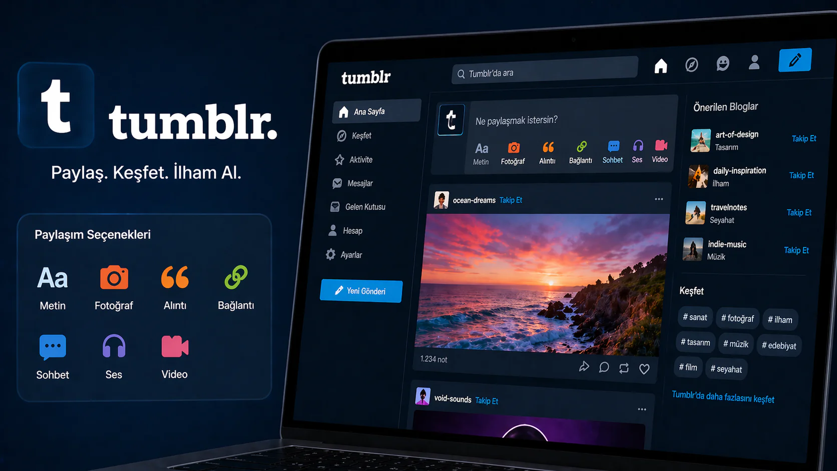 Tumblr nedir anlatan paylaşım seçenekleri ve ana sayfa ekranı