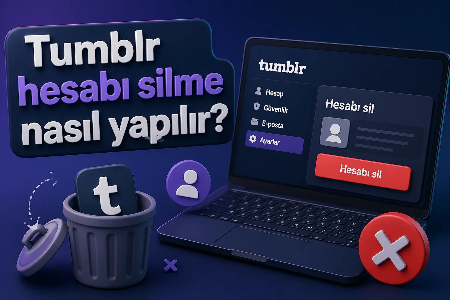 tumblr hesabı silme adımlarını gösteren ayarlar sayfası ve hesap sil butonu ekranı