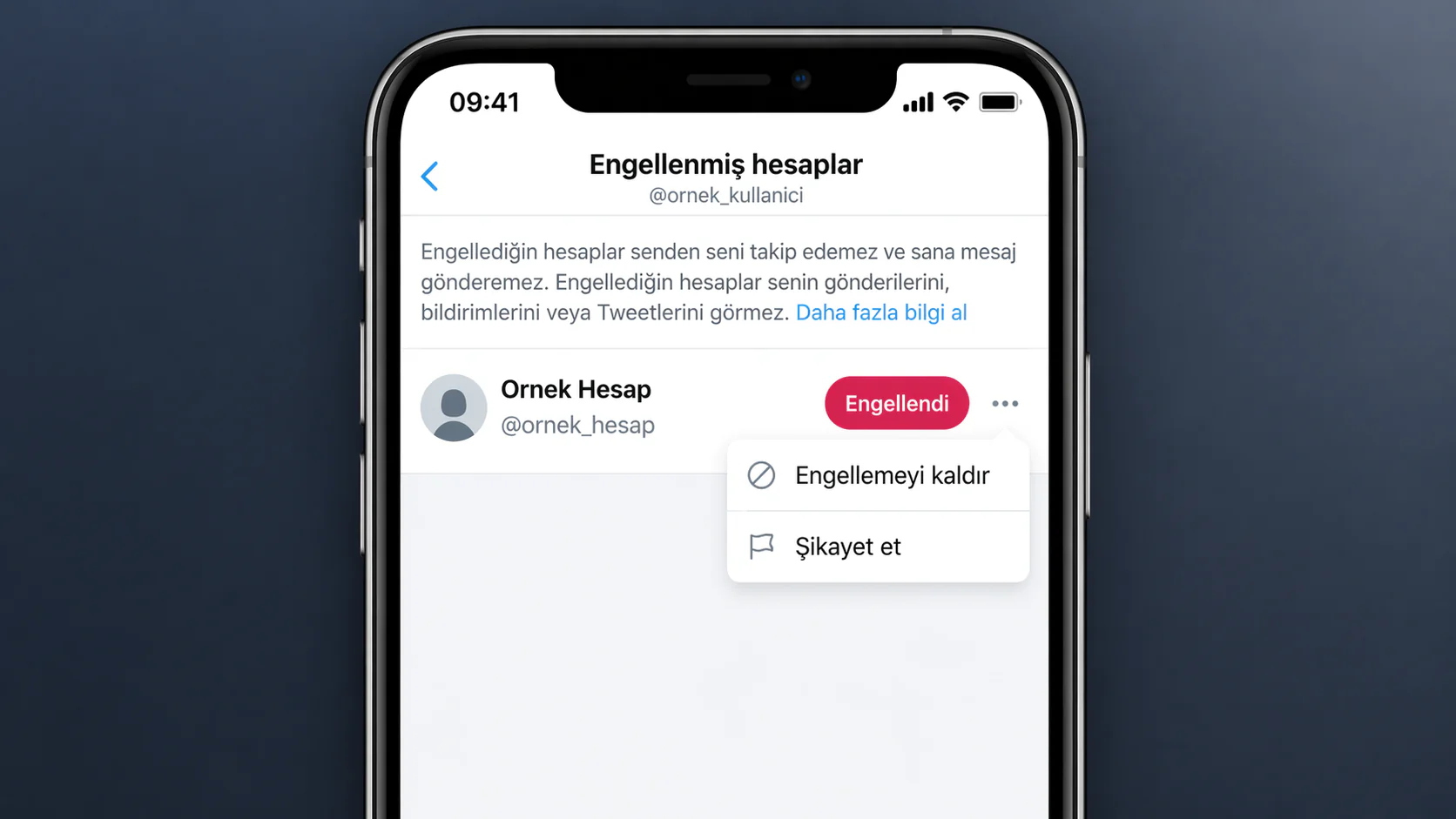 Twitter engellemeyi kaldırma için Engellenmiş Hesaplar menüsündeki engel kaldırma seçeneğinin ekran görüntüsü