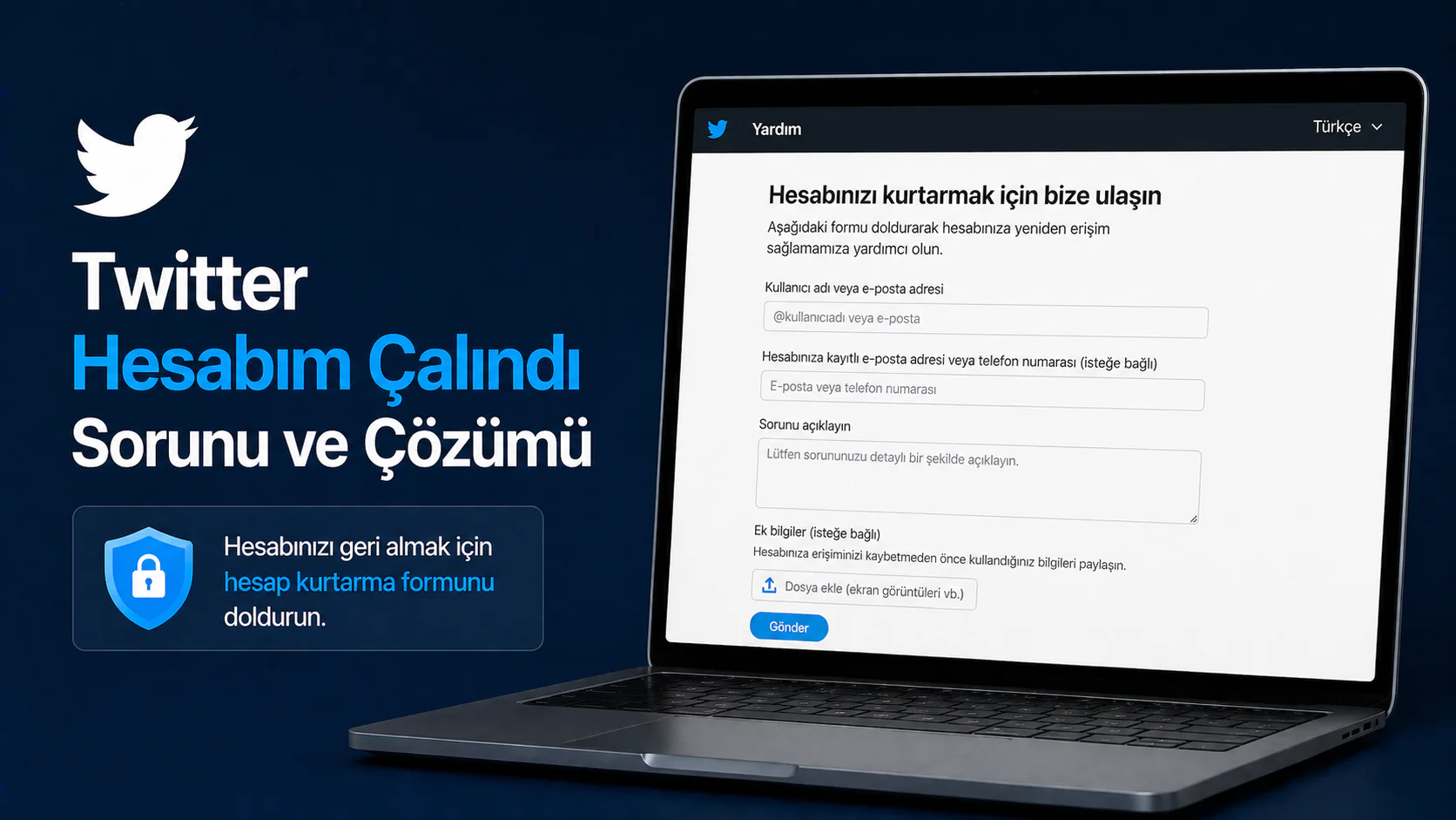 Twitter hesabım çalındı sorunu için hesap kurtarma formu ekranı