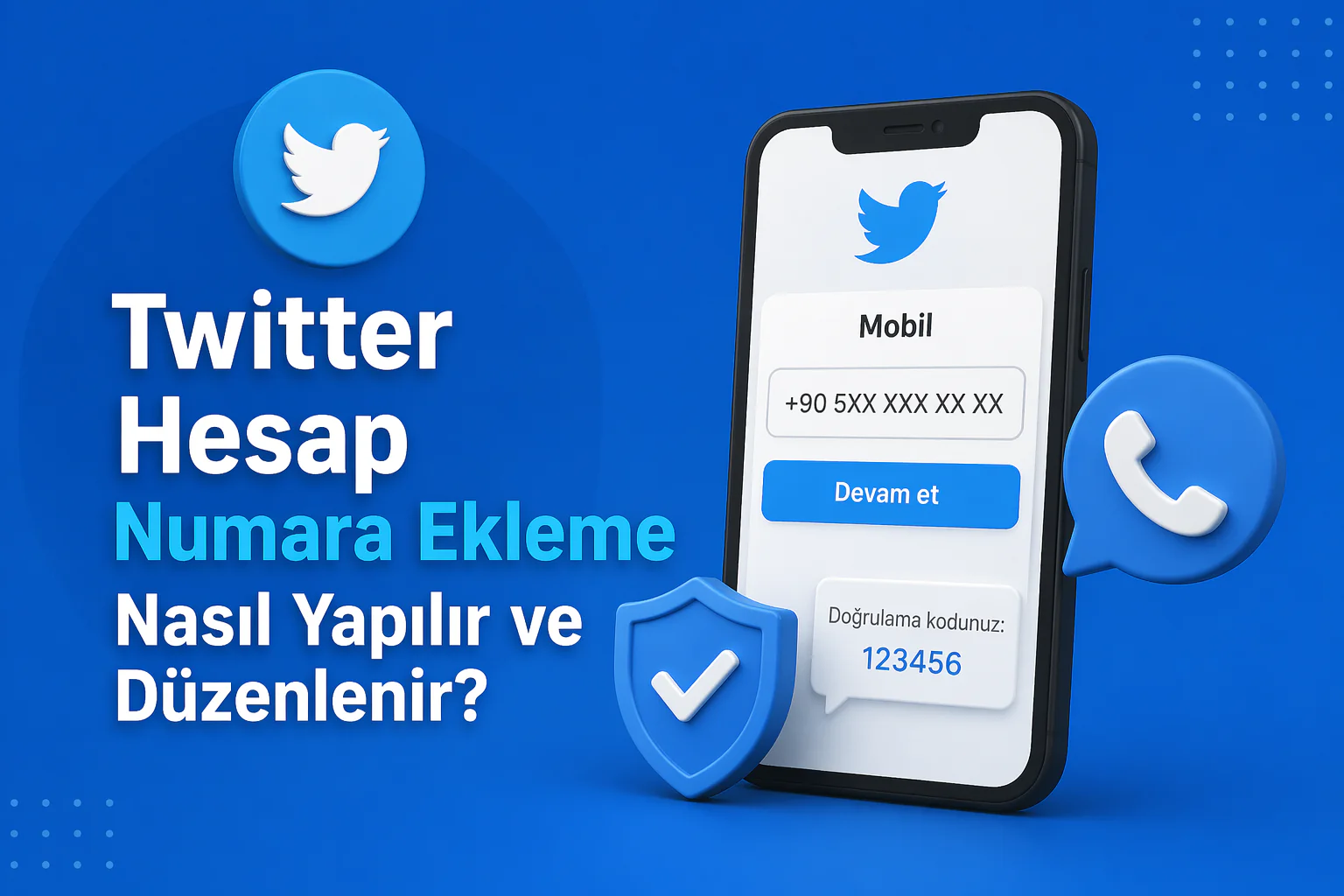 twitter hesap numara ekleme adımlarını gösteren mobil ayarlar ekranı ve doğrulama kodu