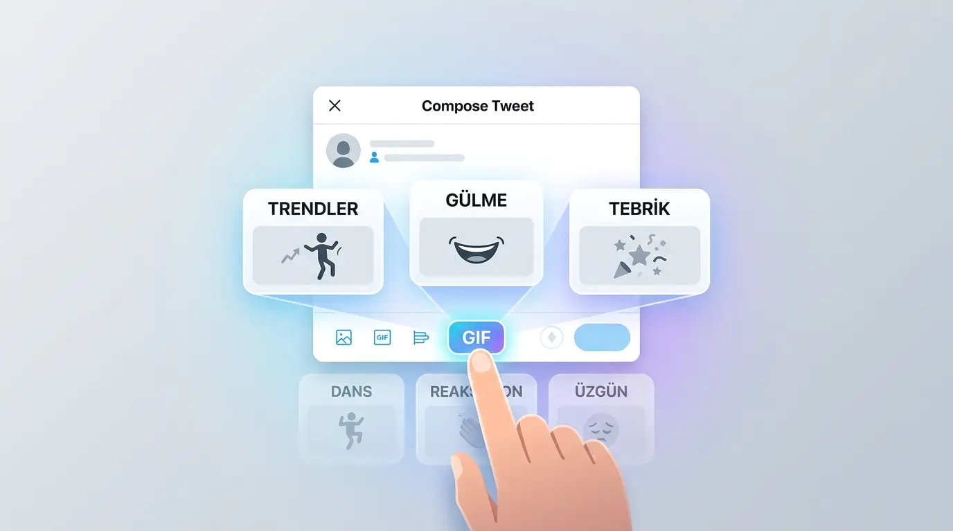 Twitter GIF ekleme ekranında kategori seçimi ve animasyon paylaşım adımlarının gösterildiği ekran görüntüsü