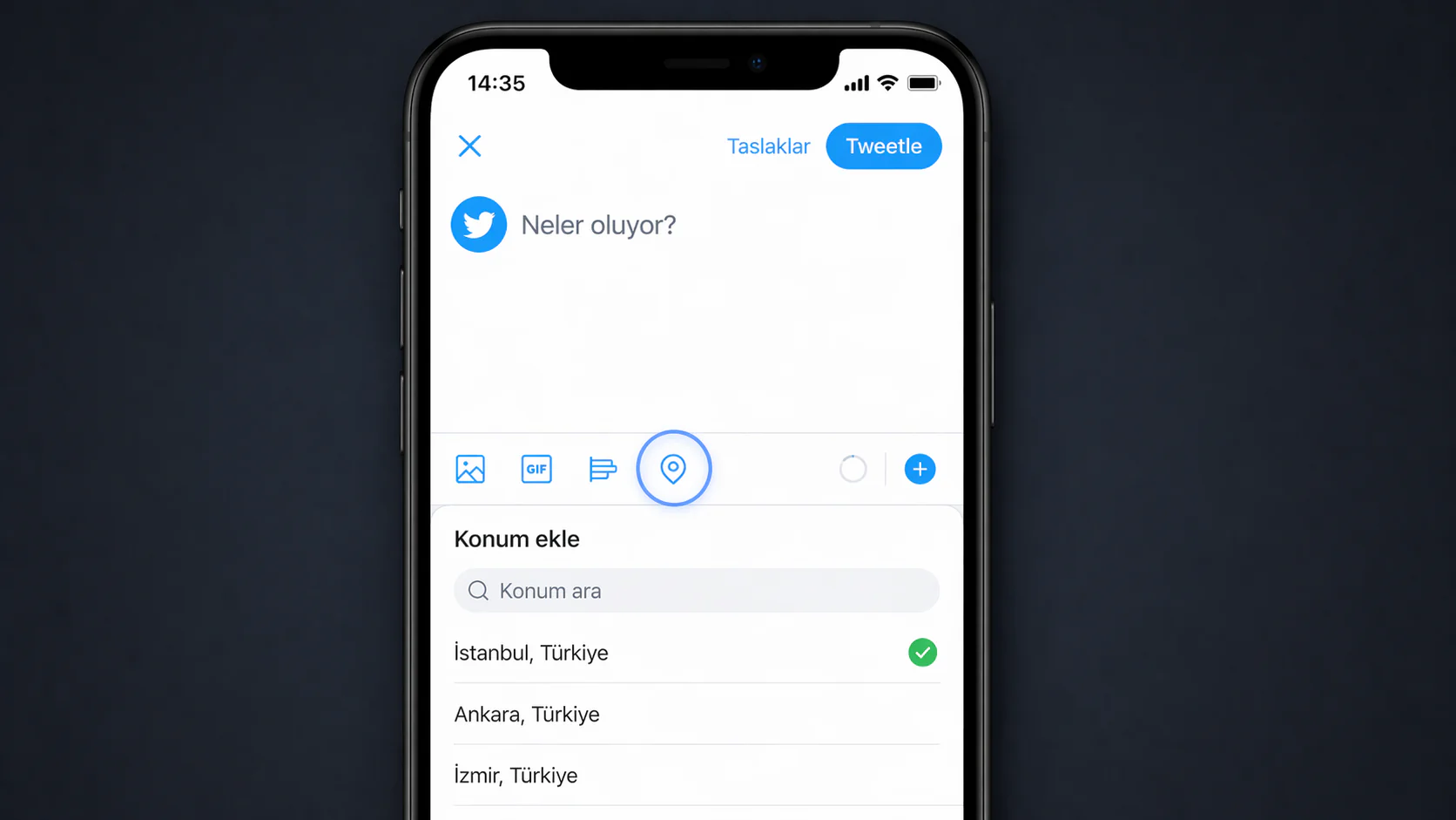Twitter konum ekleme özelliğinin tweet oluşturma ekranındaki konum butonu görüntüsü