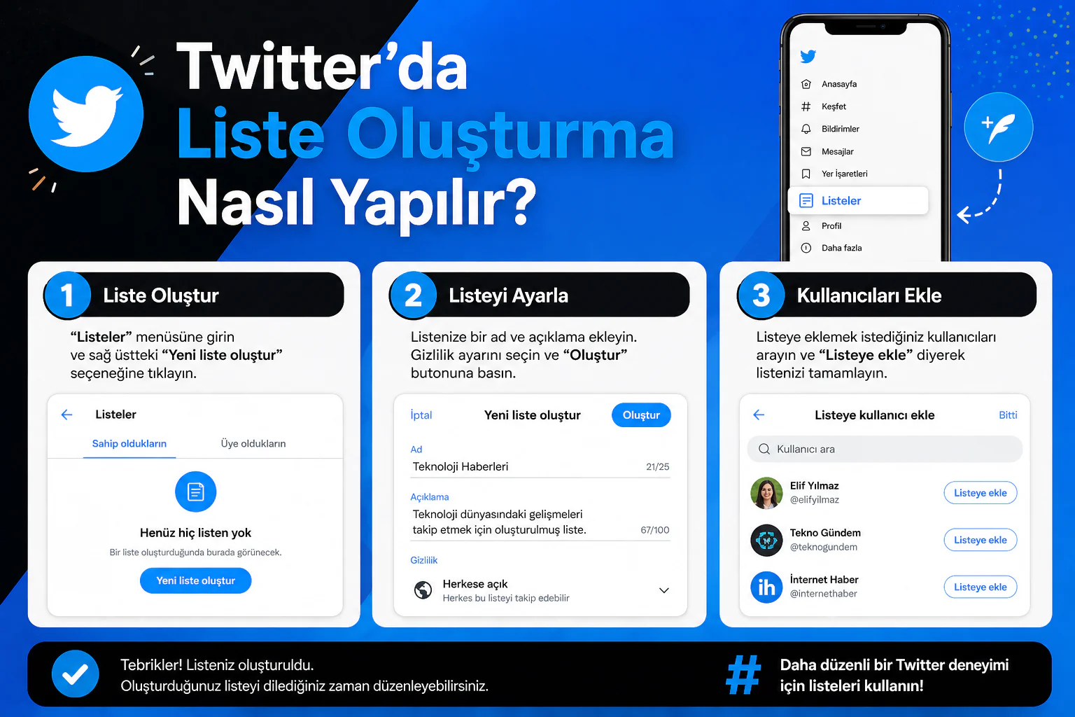 twitter liste oluşturma işlemi için liste ayarları ve kullanıcı ekleme ekranı