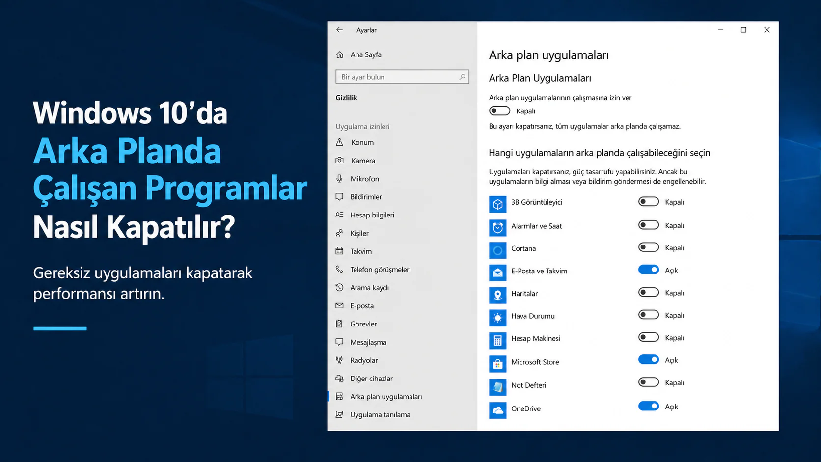 Windows 10 Ayarlar menüsünde Arka Plan Uygulamaları kapatma ekranı