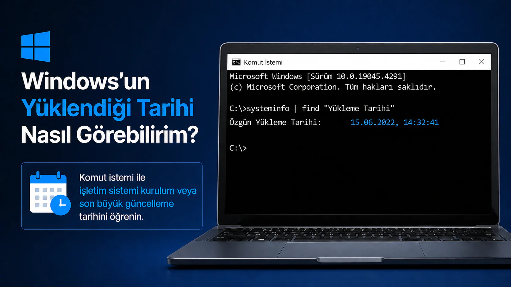 Windows’un yüklendiği tarihi görmek için komut istemi ekranı