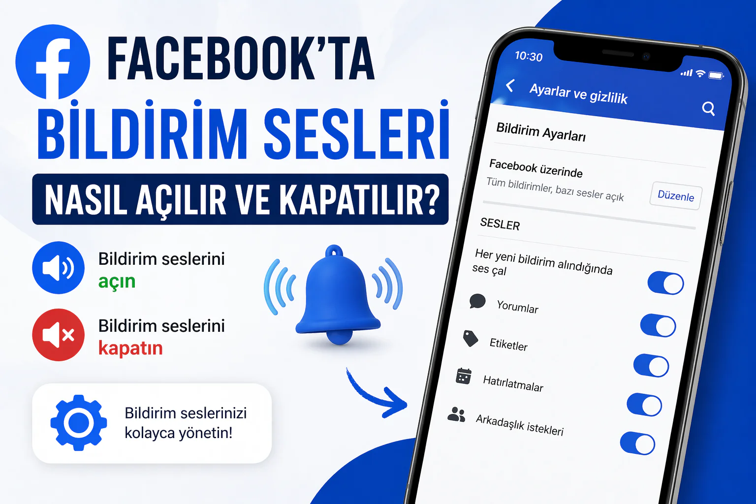 facebook bildirim sesi ayarlarını gösteren bildirimler menüsü ve ses seçenekleri ekranı