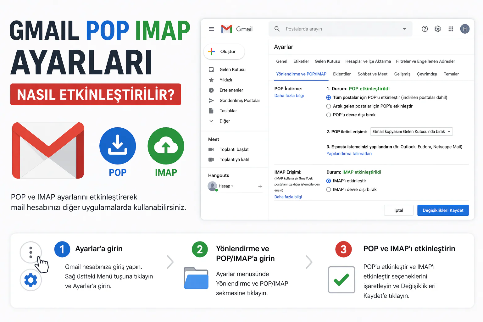 gmail pop imap ayarları ekranında yönlendirme ve POP IMAP sekmesi açılmış