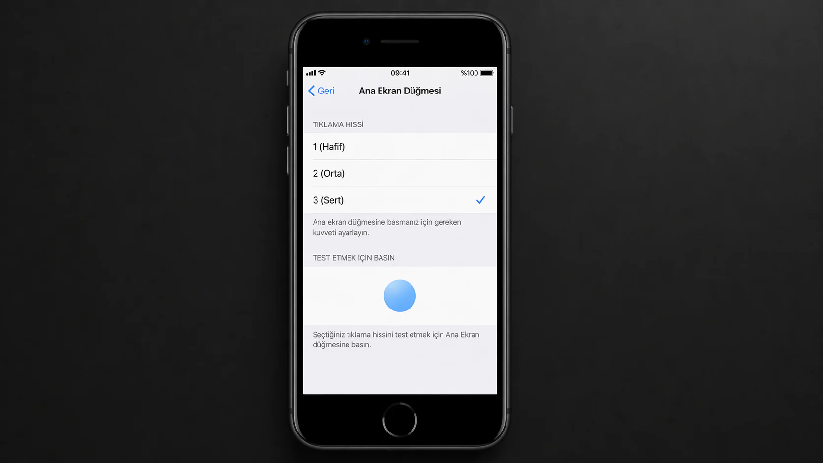iPhone 7 home tuşu titreşim ayarı ekranında seviye seçenekleri görüntüleniyor