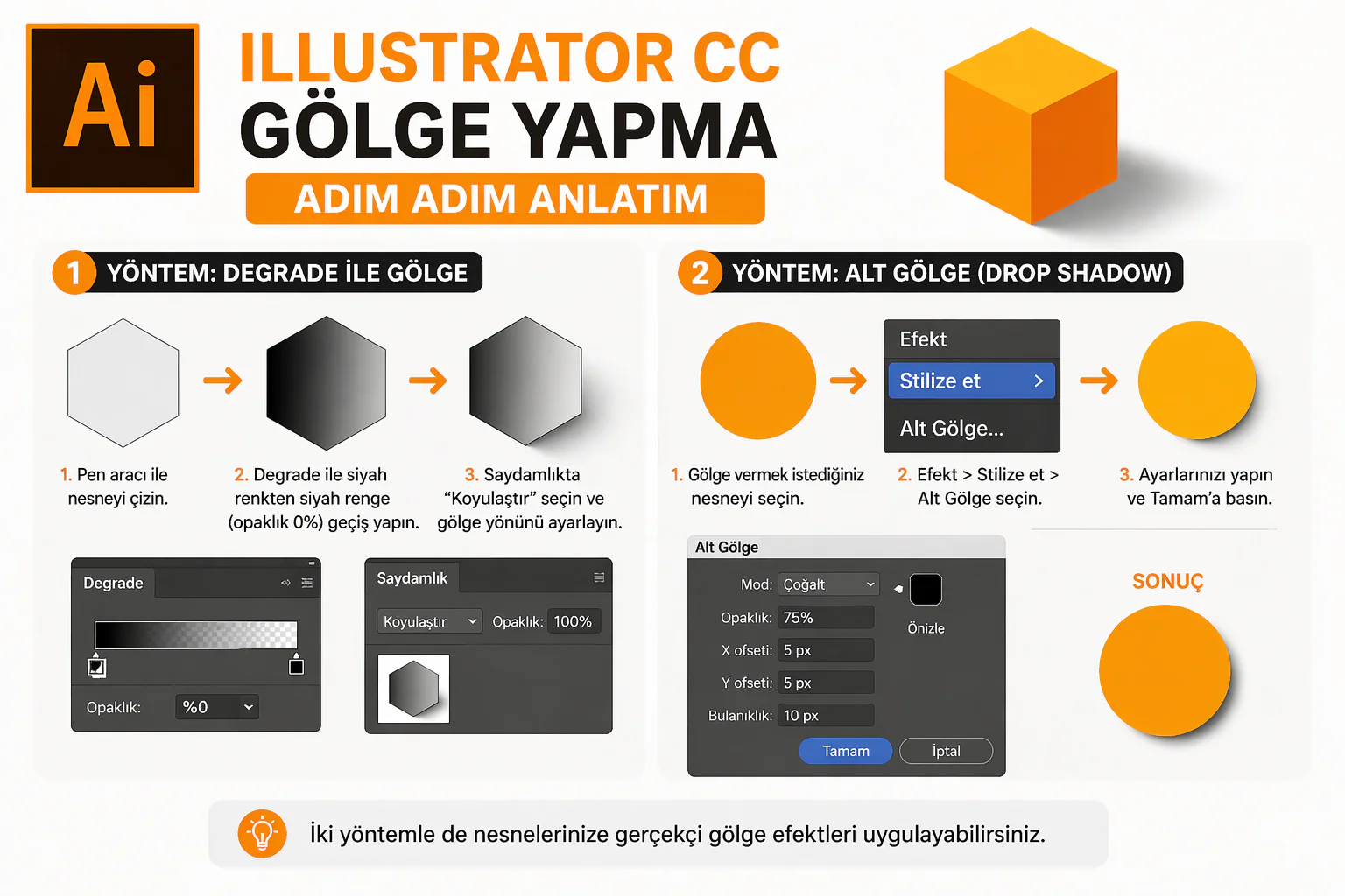 illustrator cc gölge yapma işlemi degrade ve alt gölge efekt ayarları ekranı