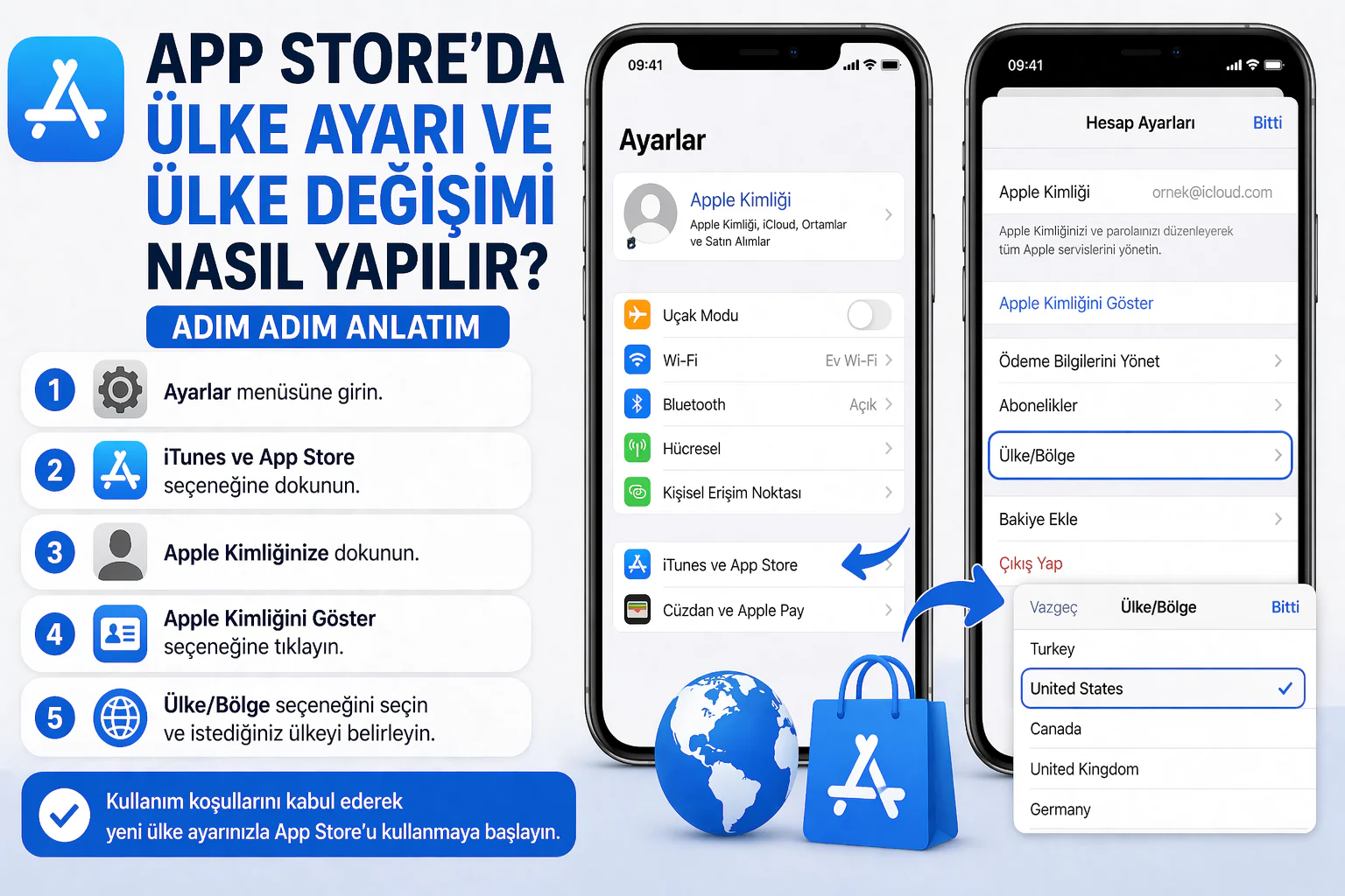 app store ülke değişimi ayarlarını gösteren Apple kimliği ve ülke bölge ekranı